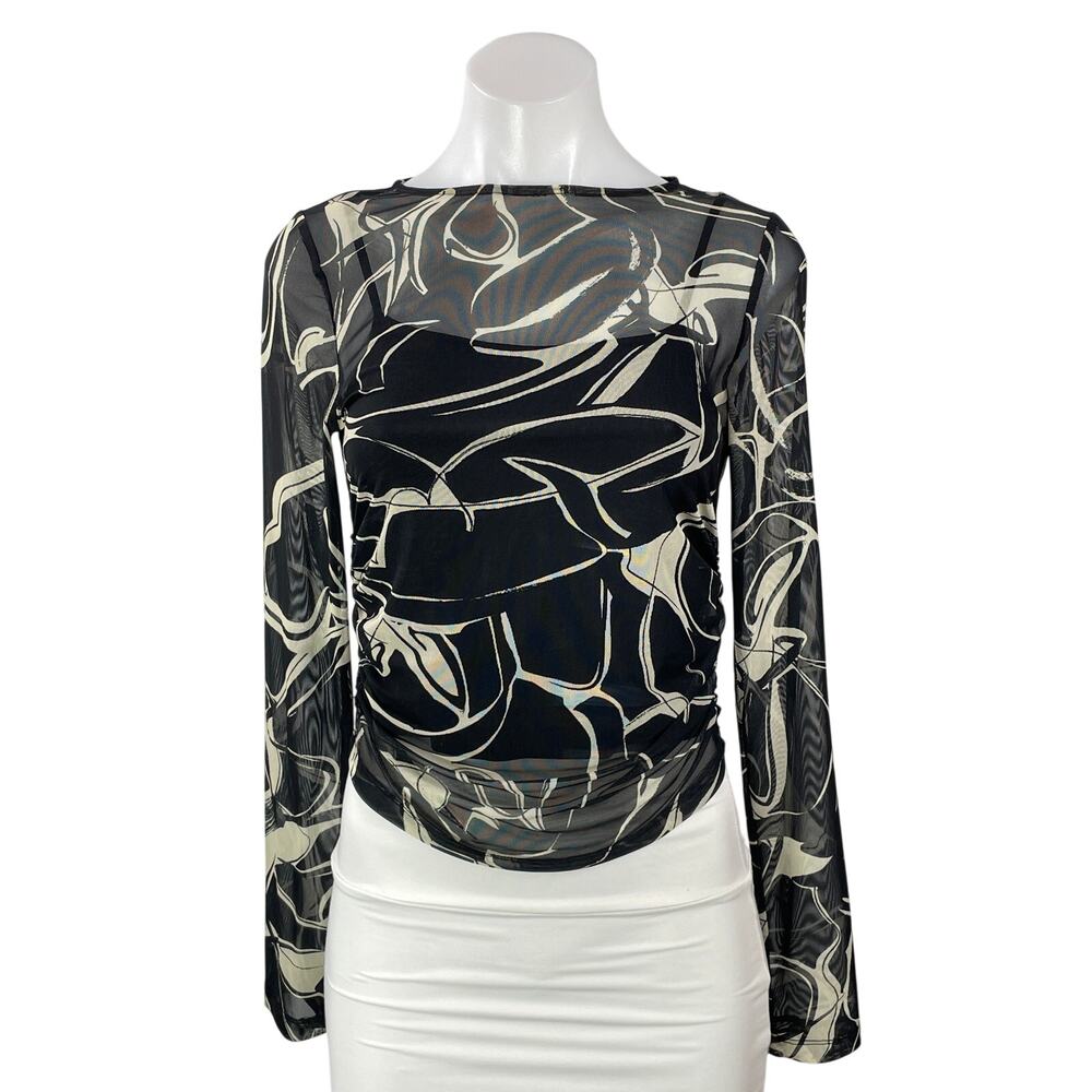 & Other Stories Women's Black Marble Mesh Long Sleeve Ruched Crop Top Size S